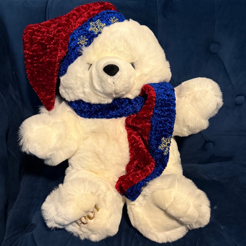 2001 Kmart CHRISTMAS TEDDY BEAR Boy 20"‎ White Bear Red Blue Gold Hat Scarf